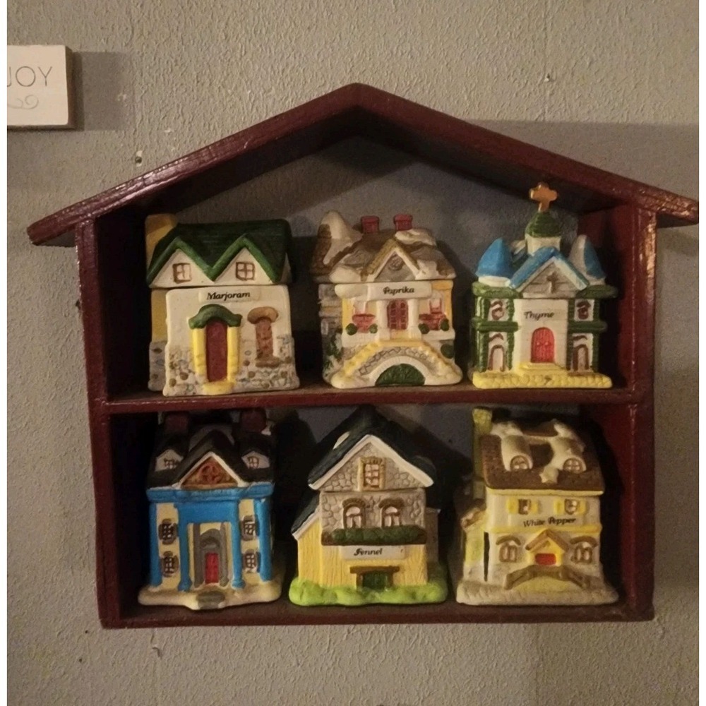 Vintage Ceramic Spice Village House Set With Wall Hanging Display Rack, 6 Jars